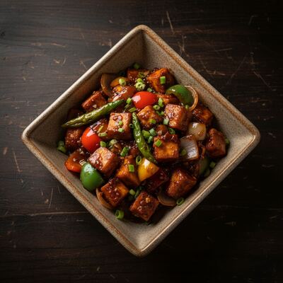Chilli paneer — crisp paneer cubes tossed with peppers in a spicy Indo-Chinese sauce
